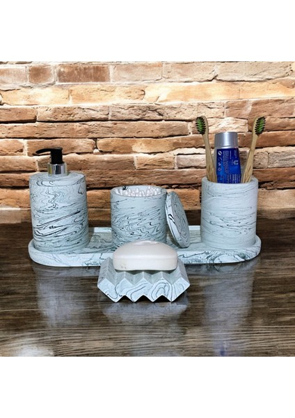 Modern Mermer ve Beton Tarzında 5 Parça Banyo Aksesuar Seti