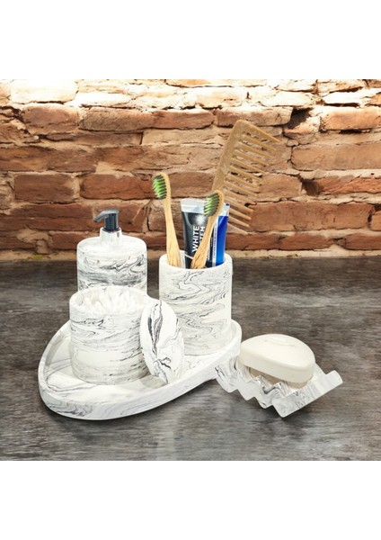 Şık Mermer Desenli 5 Parça Beton Banyo Aksesuar Seti