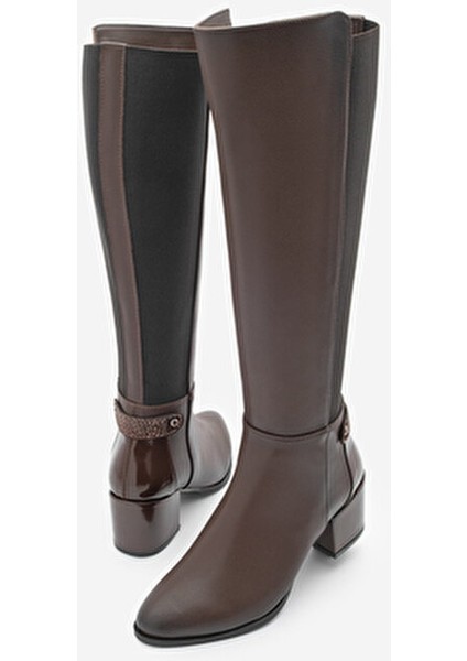 Kadın Fermuarlı Topuklu Çizme Fabes Kahve Suni Deri Orta Kalın Topuk ile Şık Tasarım