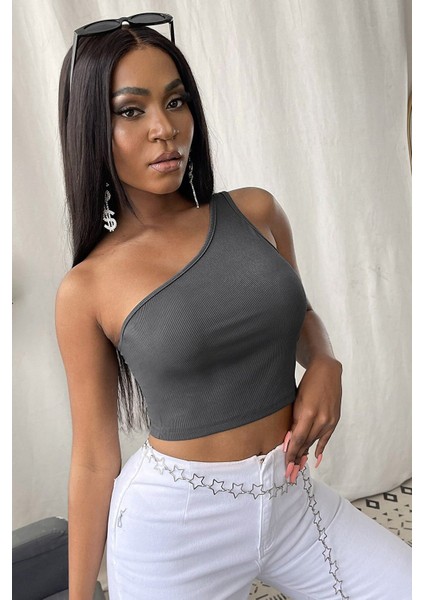 Kadın Koyu Gri Tek Omuz Crop Büstiyer fiyatları