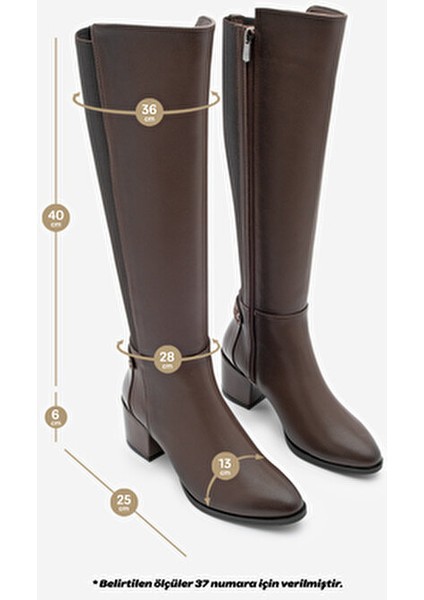 Kadın Fermuarlı Topuklu Çizme Fabes Kahve Suni Deri Orta Kalın Topuk ile Şık Tasarım