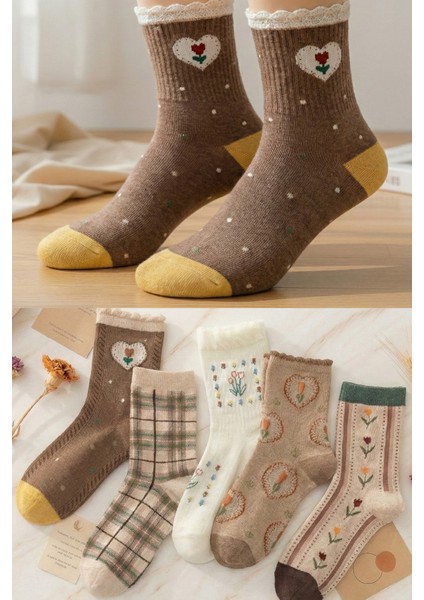 5 Çift Kadın Çiçek-Kalp Desenli Çorap