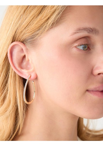 Altın Rengi Parlak Taş Detaylı Büyük Halka Küpe