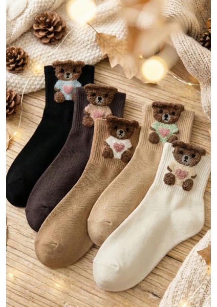 5 Çift Teddy Ayıcık Desenli Kadın Çorap