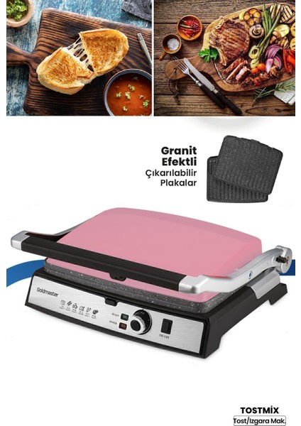 Pembe Paslanmaz Çelik Tost ve Izgara Makinesi, 2000W, Granit Plakalar