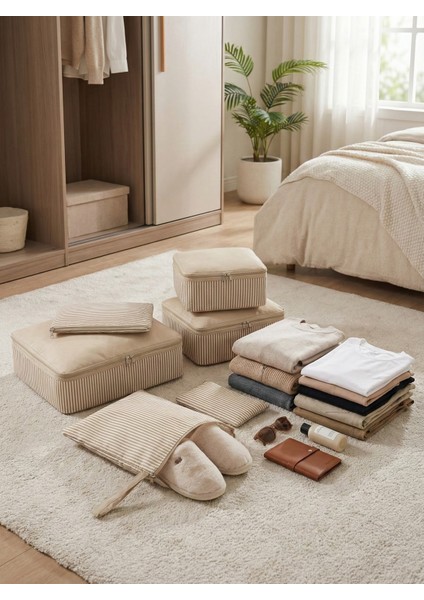 6'lı Krem Çizgi Desenli Valiz Bavul Içi Düzenleyici Seti Seyahat Hurcu Çanta Makyaj Organizer Seti