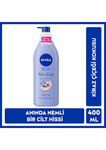 Değerli Yağlar İçeren Nemlendirici Vücut Losyonu Kiraz Çiçeği 400ml, Jojoba Yağı, Kuru Cilt Tipleri