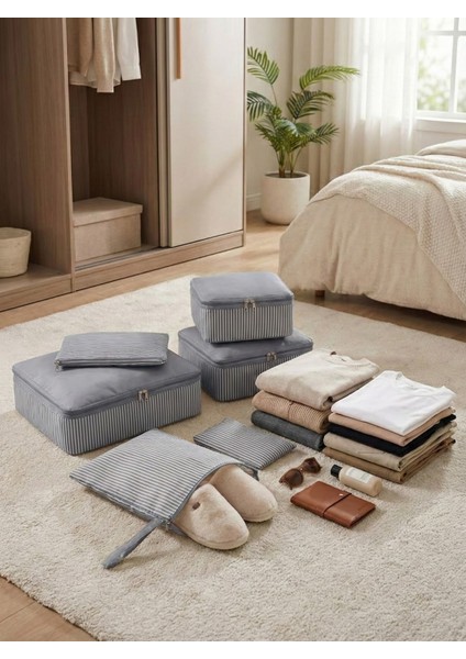 6'lı Antrasit Kare Ekose Desenli Valiz Bavul Içi Düzenleyici Seti Seyahat Hurcu Çanta Makyaj Organizer Seti