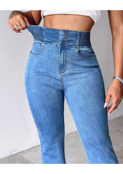 Kadın Yüksek Bel Yanları Lastik Önü Düğmeli Kot Pantolon modelleri