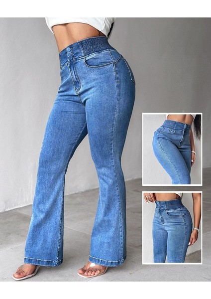 Kadın Yüksek Bel Yanları Lastik Önü Düğmeli Kot Pantolon