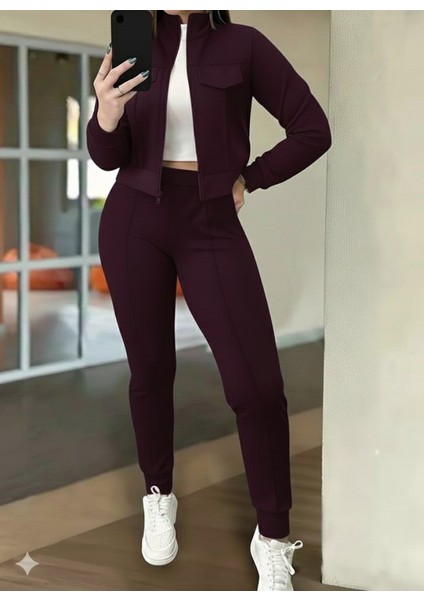 Kadın Uzun Kollu Önden Fermuarlı Kısa Modal Mor Ceket ve Pantolon Ikili Takım fırsatları