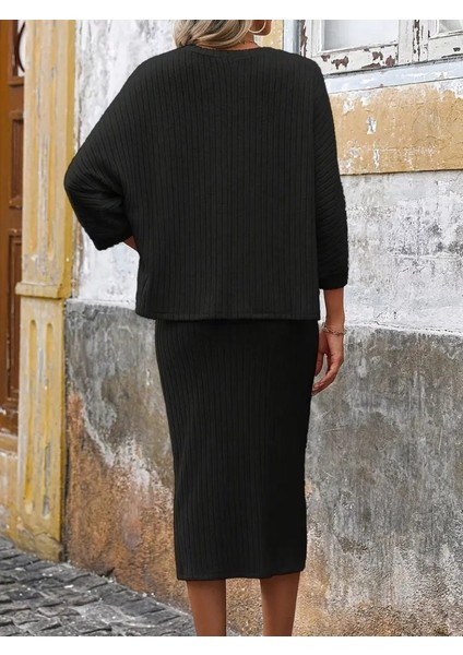 Kadın Uzun Kollu Yuvarlak Yakalı Şardonlu Kaşkorse Bluz ve Etek Ikili Takım indirimleri