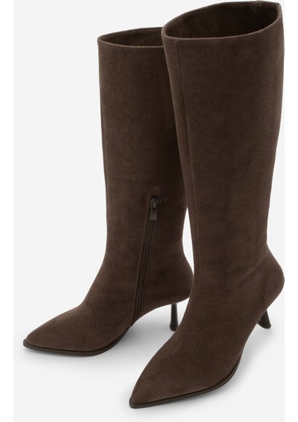 Kadın Sivri Burun Yarım Fermuarlı Ince Topuklu Çizme Lavisa Kahve Süet