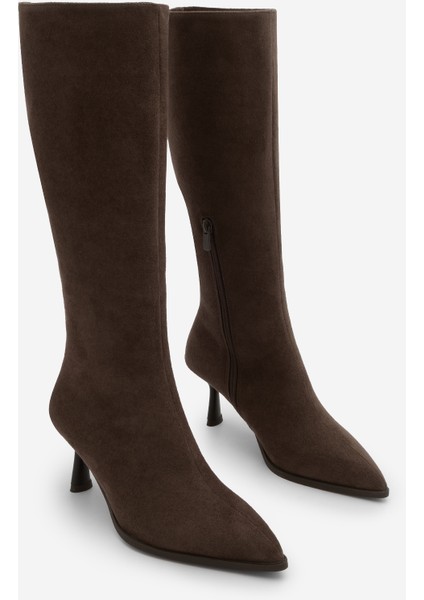 Kadın Sivri Burun Yarım Fermuarlı Ince Topuklu Çizme Lavisa Kahve Süet indirimleri