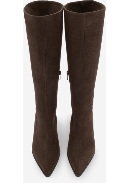 Kadın Sivri Burun Yarım Fermuarlı Ince Topuklu Çizme Lavisa Kahve Süet