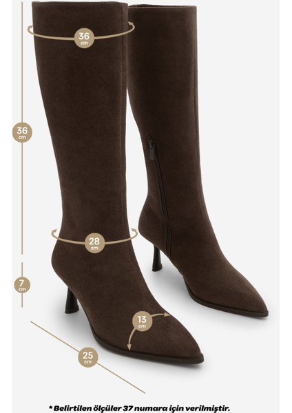 Kadın Sivri Burun Yarım Fermuarlı Ince Topuklu Çizme Lavisa Kahve Süet
