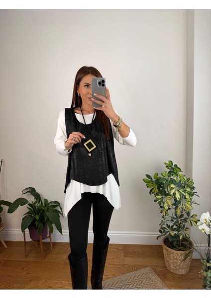 Kadın Siyah Deri Yelekli Kolye Dahil Üçlü Takım