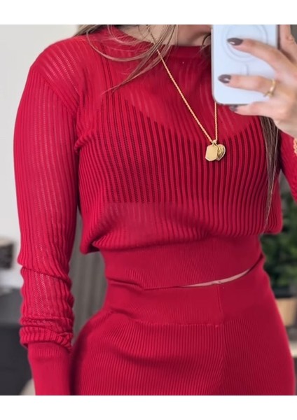 Kadın Uzun Kollu Yuvarlak Yaka Transparan Detaylı Triko Bluz ve Pantolon Ikili Takım fırsatları