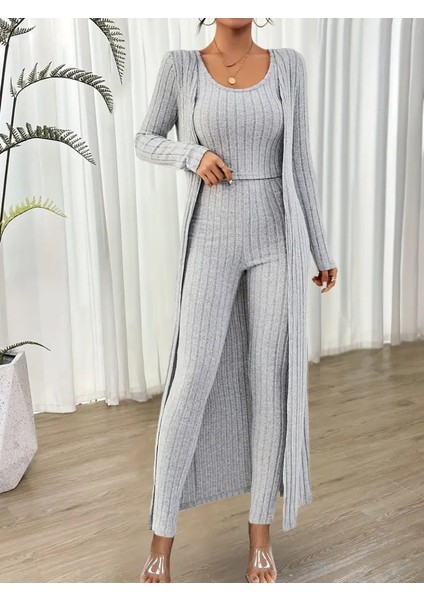 Kadın Yuvarlak Yaka Askılı Krop Bluz Yüksek Bel Tayt ve Uzun Hırka Şardonlu Kaşkorse Üçlü Takım