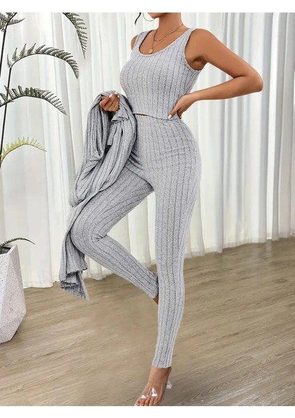 Kadın Yuvarlak Yaka Askılı Krop Bluz Yüksek Bel Tayt ve Uzun Hırka Şardonlu Kaşkorse Üçlü Takım fırsatları