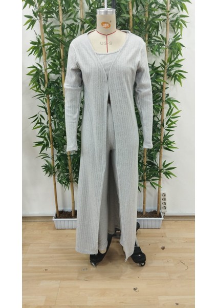 Kadın Yuvarlak Yaka Askılı Krop Bluz Yüksek Bel Tayt ve Uzun Hırka Şardonlu Kaşkorse Üçlü Takım