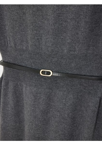 90266 Yün Karışımlı Kayık Yaka Kemerli Triko Elbise-Füme M.