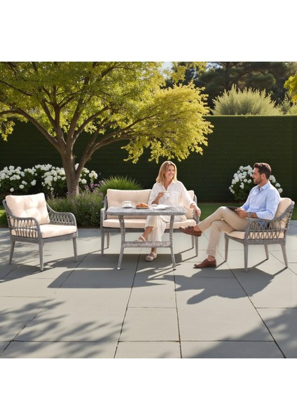 Kaş Alüminyum 2+1+1+Sehpa Bahçe Balkon Mobilyası,gri Rattan/krem Kumaş