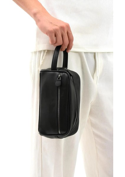 Siyah Hakiki Deri Erkek Tıraş El Portföyü ve Clutch Bakım Çantası