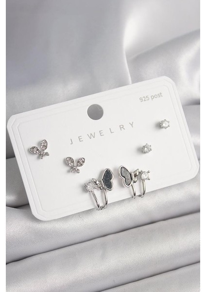 925 Ayar Gümüş Çivi Pirinç Gümüş Renk Zirkon Taşlı Kadın Küpe Seti - BKP10404 (892892