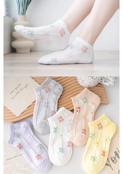 5 Çift Çiçekli Kabartma Desenli Kadın Çorap