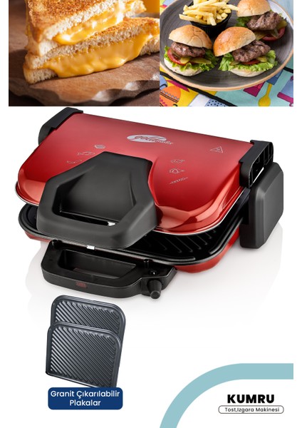 Kırmızı Kumru Tost ve Izgara Makinesi, 1800W, Granit Plaka, 5 Kademe Isı