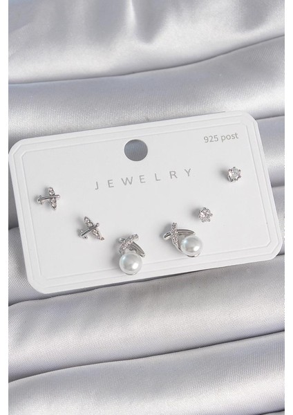 Pirinç Gümüş Renk Zirkon Taşlı Inci Detay 925 Ayar Gümüş Çivi Kadın Küpe SETI-BKP1047