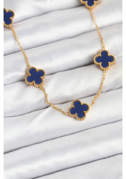 316L Çelik Zincir Gold Renk Lacivert Yonca Kadın Kolye - TJ-BKO10567