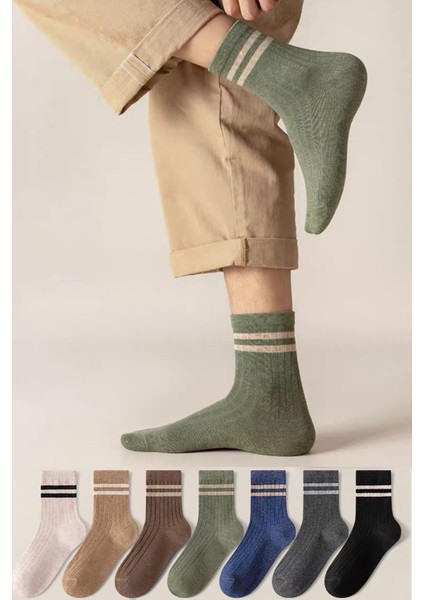 7 Çift Unisex Çizgili Desenli Uzun Çorap