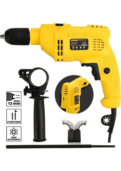 Darbeli Elektrikli Matkap 1100 W 13 Mm, Güçlü ve Dayanıklı, Sarı Renk