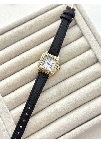Şık Kare Kadran Taş Detaylı Siyah Deri Kordon Kadın Saat – Gold fiyatları