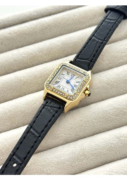 Şık Kare Kadran Taş Detaylı Siyah Deri Kordon Kadın Saat – Gold modelleri
