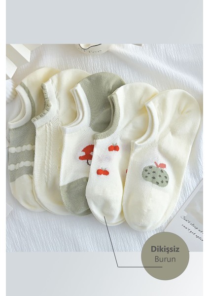 5 Çift Kadın Kiraz-Elma Desenli Yazlık Çorap