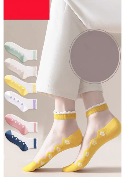 6 Çift Çiçek Desenli Kadın Tül Çorap