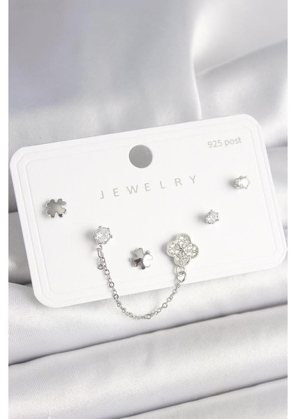 925 Ayar Gümüş Çivi Pirinç Gümüş Renk Zirkon Taşlı Yonca Sallantı Zincir Detay Kadın Küpe Set