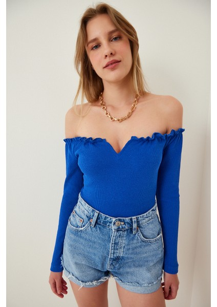 Büzgülü Yaka Crop Örme Bluz Gt LAH0002 Koyu Mavi fiyatları