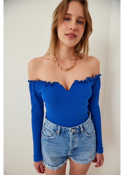 Büzgülü Yaka Crop Örme Bluz Gt LAH0002 Koyu Mavi modelleri