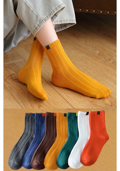 Çorap 7 Çift Bay-Bayan Renkli Fitilli Uzun Soket Çorap