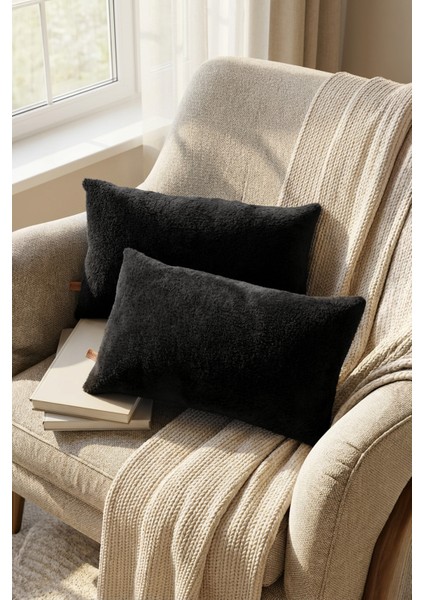 Iskandinav Bohem 2 Li Teddy Puffy Kırlent Kılıfı Siyah