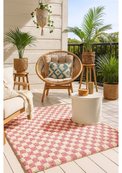 Chess Dama Desenli Kemik-Pembe Salon Oturma Odası Yatak Odası Koridor Makine Halısı Yolluk