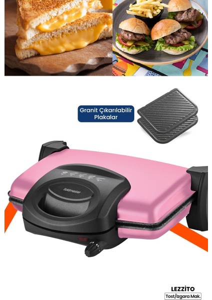 Pembe Granit Tost ve Izgara Makinesi, 5 Kademe Isı Ayarı, Çıkarılabilir Plakalar