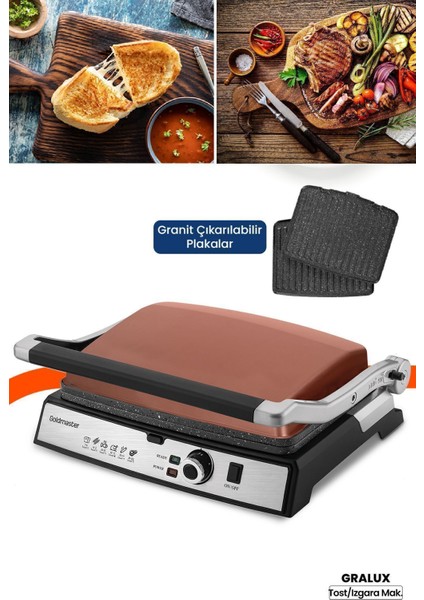 Gralux Gold Paslanmaz Çelik Tost ve Izgara Makinesi, 2000W, Granit Plakalar