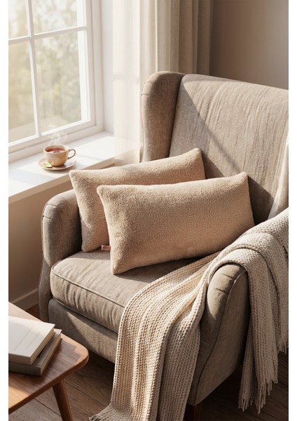 Iskandinav Bohem 2 Li Teddy Puffy Kırlent Kılıfı Bej