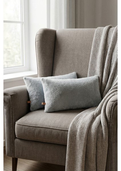 Iskandinav Bohem 2 Li Teddy Puffy Kırlent Kılıfı Gri