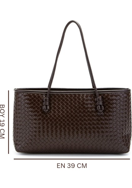 Kadın Acı Kahve Örgü Dokulu Büyük El ve Omuz Çantası